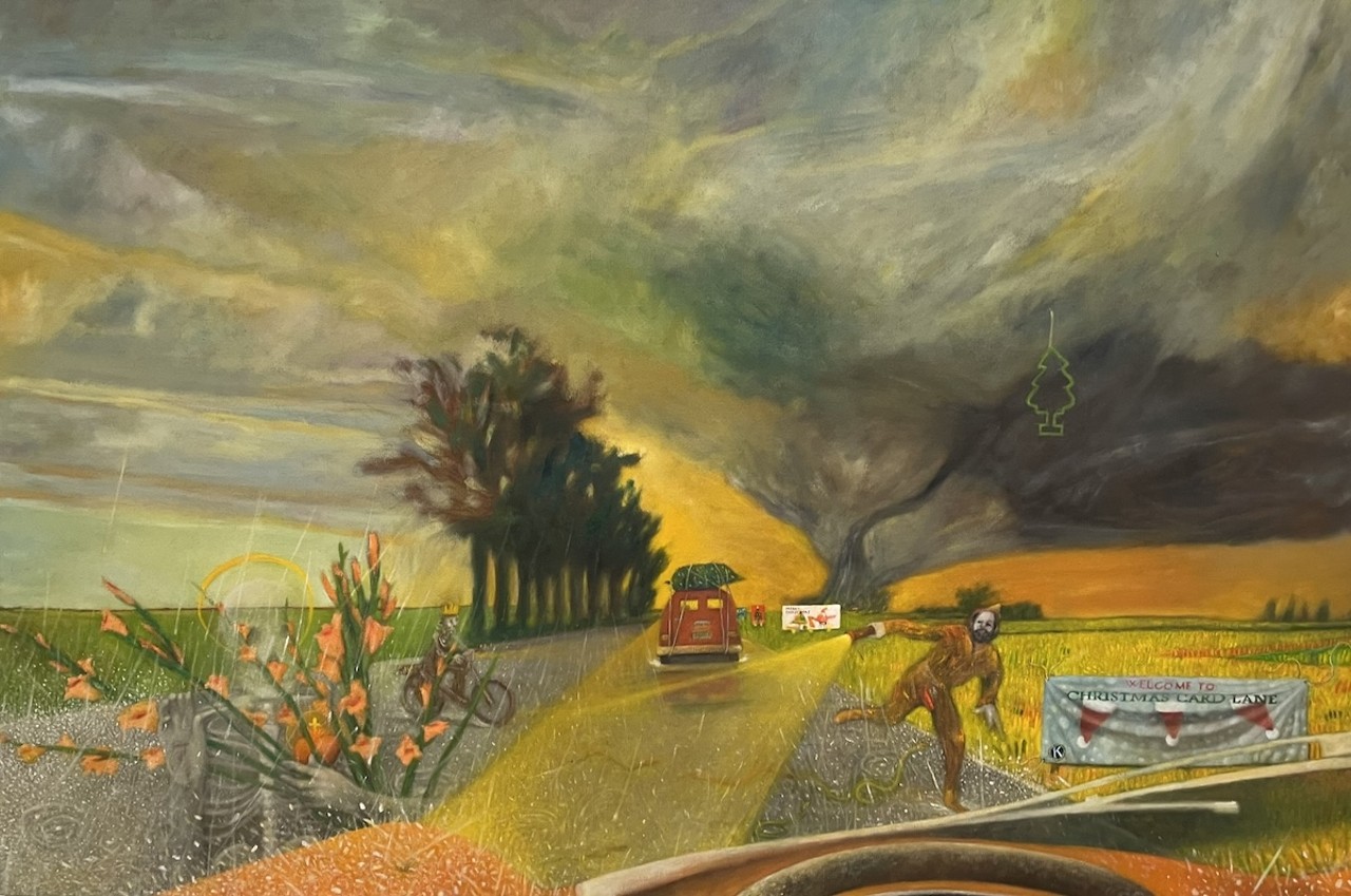 A tornado comes for Christmas in David Sibbitt’s comical “Still There Was Pudding and a Tree to Trim” at the Tampa Museum of Art.