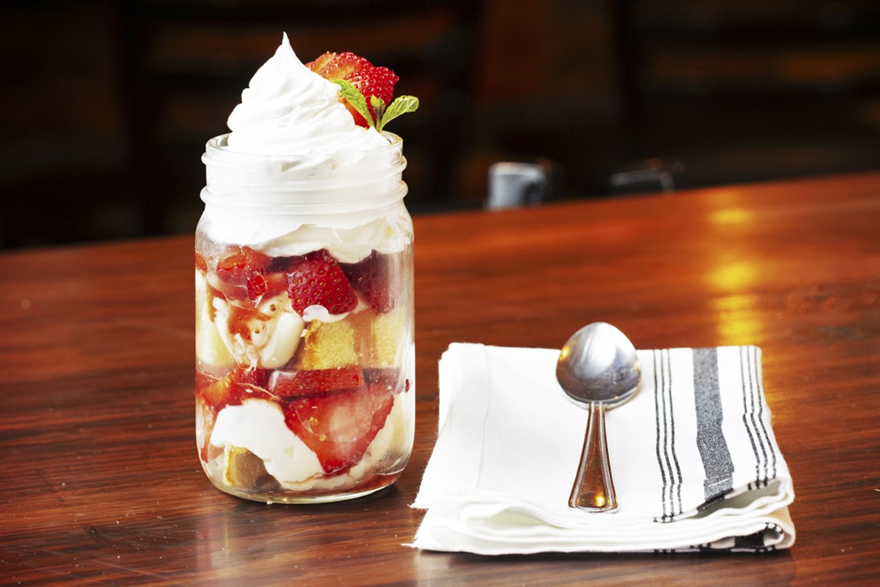 The seasonal parfait in a jar layers citrus cake crumbs with key lime mousse and whipped cream.