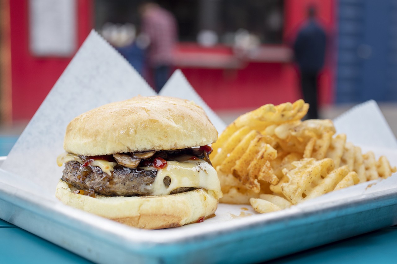 Flock and Stock features the Hugh Heifer burger's proprietary beef blend &#151; topped with melted Swiss, sweet bacon jam and saut&eacute;ed shrooms with a truffle oil finish for a delightful mouthful.