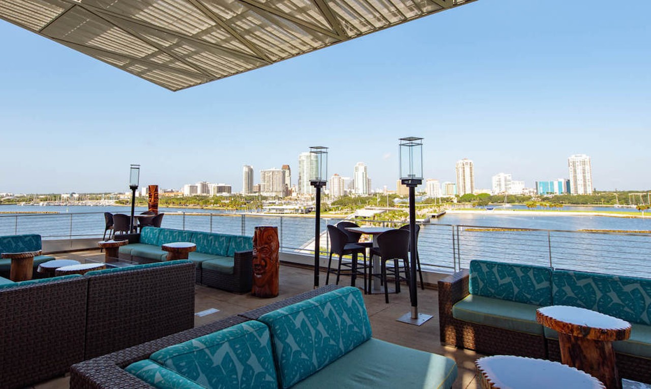 Pier Teaki
200 Second Ave. NE 5th Floor, St. Petersburg, 727-513-8325
Sitting atop the new St. Pete Pier, this modern tiki bar offers possibly the best skyline view of downtown St. Petersburg. The rooftop bar serves signature and frozen cocktails, draft beers, wine and rum along with a selection of classic bar bites. All guests must be over the age of 21 after 8 p.m.Photo via Pier Teaki/website