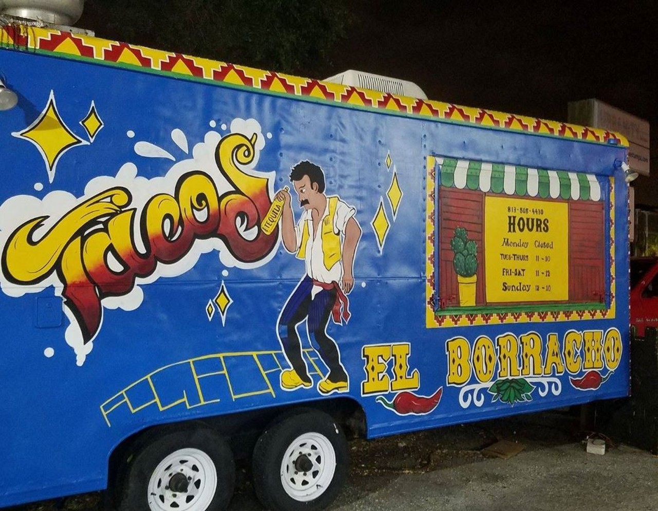Tacos El Borracho 
2602 W Kennedy Blvd., Tampa, 813-805-4430
Let your beer munchies leads you here to grab a couple tacos or a cheesy quesadilla before (or after) you pump gas at the Marathon the truck sits at.
Photo via Tacos El Borracho/Facebook