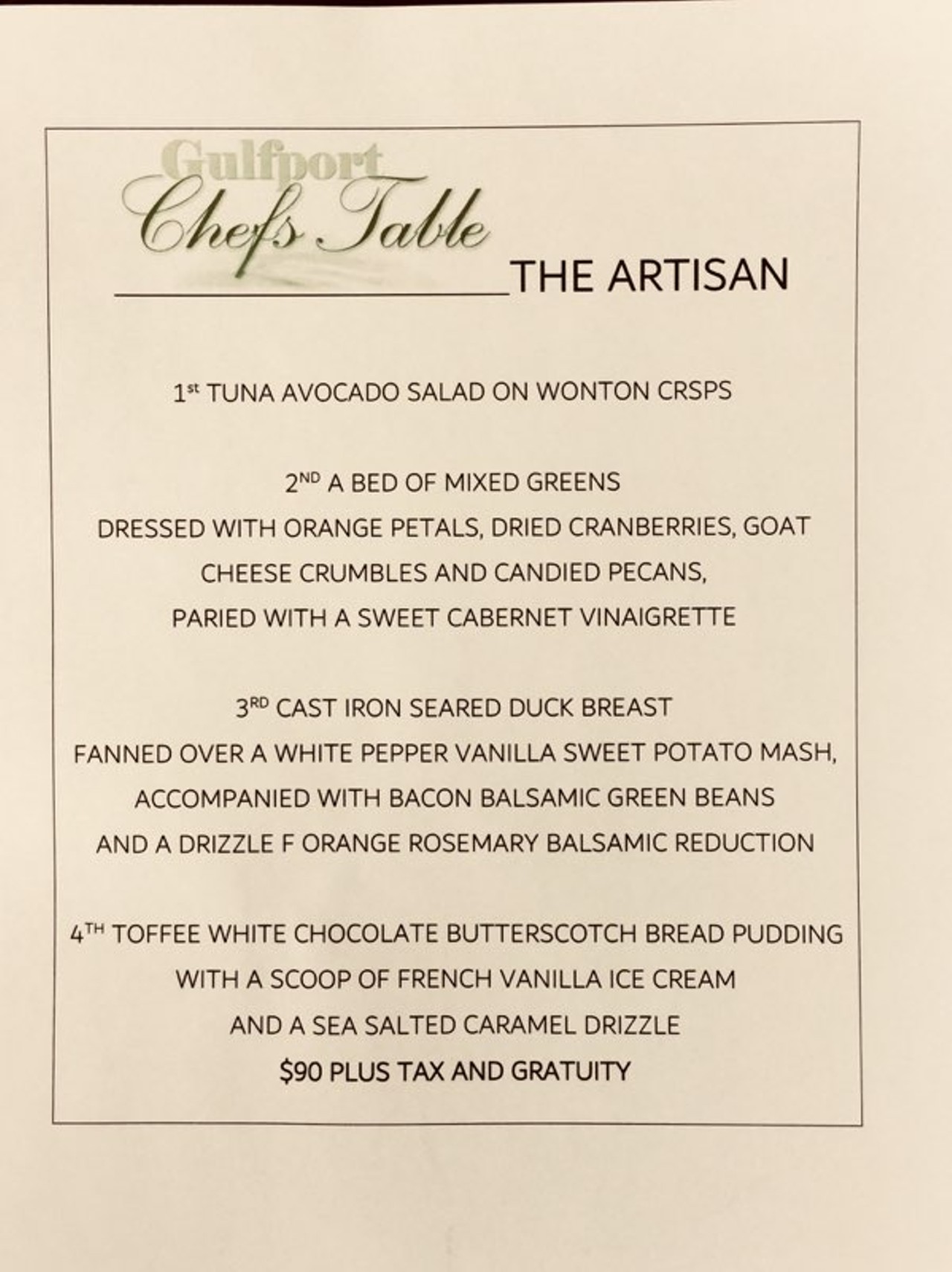 Gulfport Chef's Table 2018 The Artisan menu