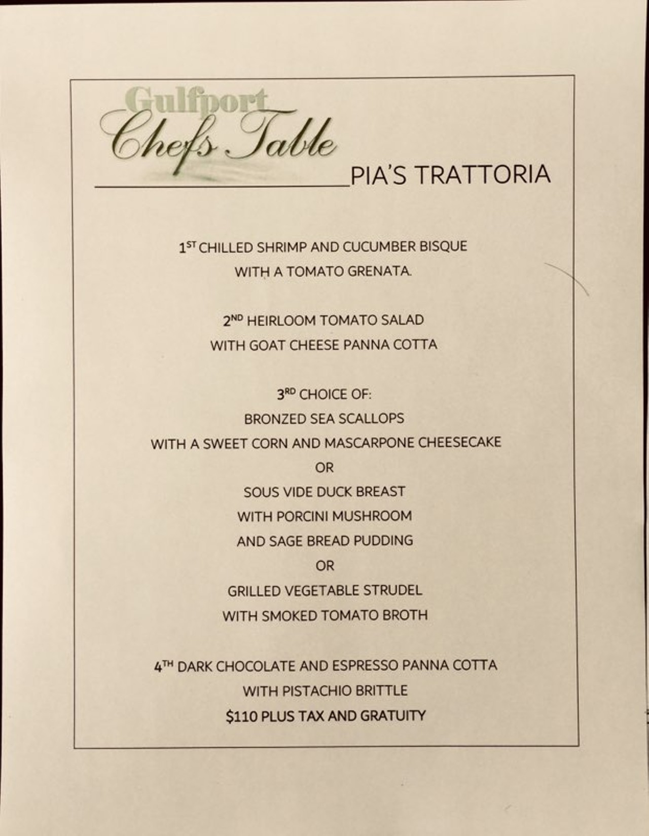 Gulfport Chef's Table 2018 Pia's Trattoria menu