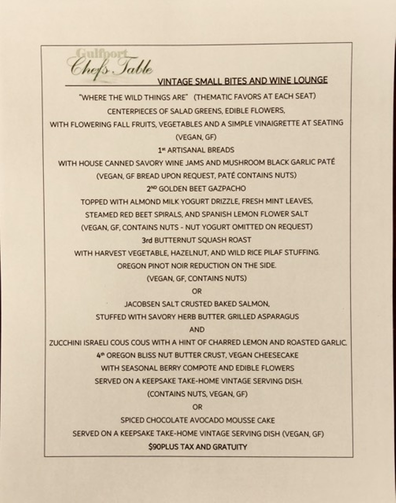 Gulfport Chef's Table 2018 Vintage Small Bites and Wine Lounge menu