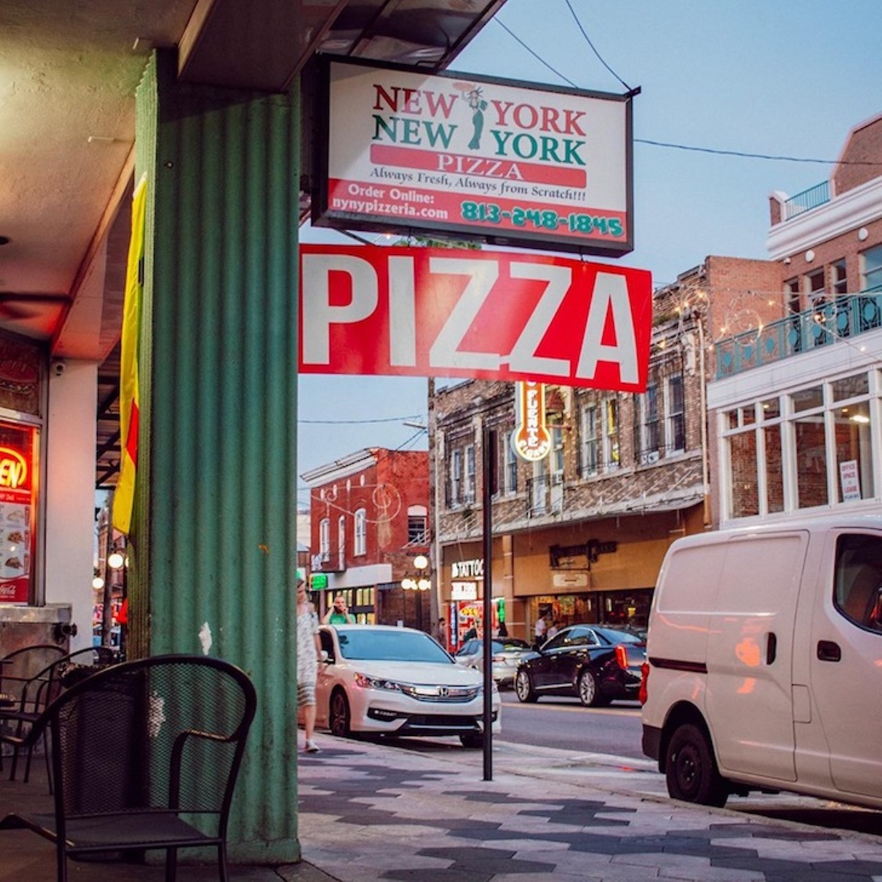 New York New York Pizza  
1512 E. Seventh Ave. Tampa
A street-side pizzeria that provides huge, deliciously greasy slices inside and from a walk-up window. Don&#146;t forget garlic knots, too. The Ybor location on Seventh Avenue is the OG, but there's a SoHo location for drunk MacDinton's nights.
Photo via New York New York/ Facebook