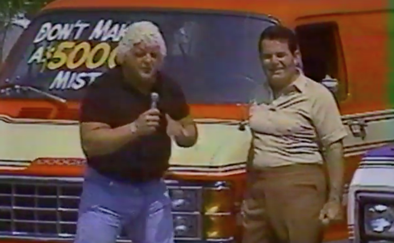 Tom Stimus
Back in the &#145;80s, Tom Stimus and wrestler Dusty Rhodes used to shout about Stimus&#146; Auto Dealerships&#146; deals and crown Stimus as &#147;#1 in the world.&#148; Once, when Dusty "The American Dream" Rhodes wasn&#146;t available, Stimus used a real bear. 
Photo via YouTube