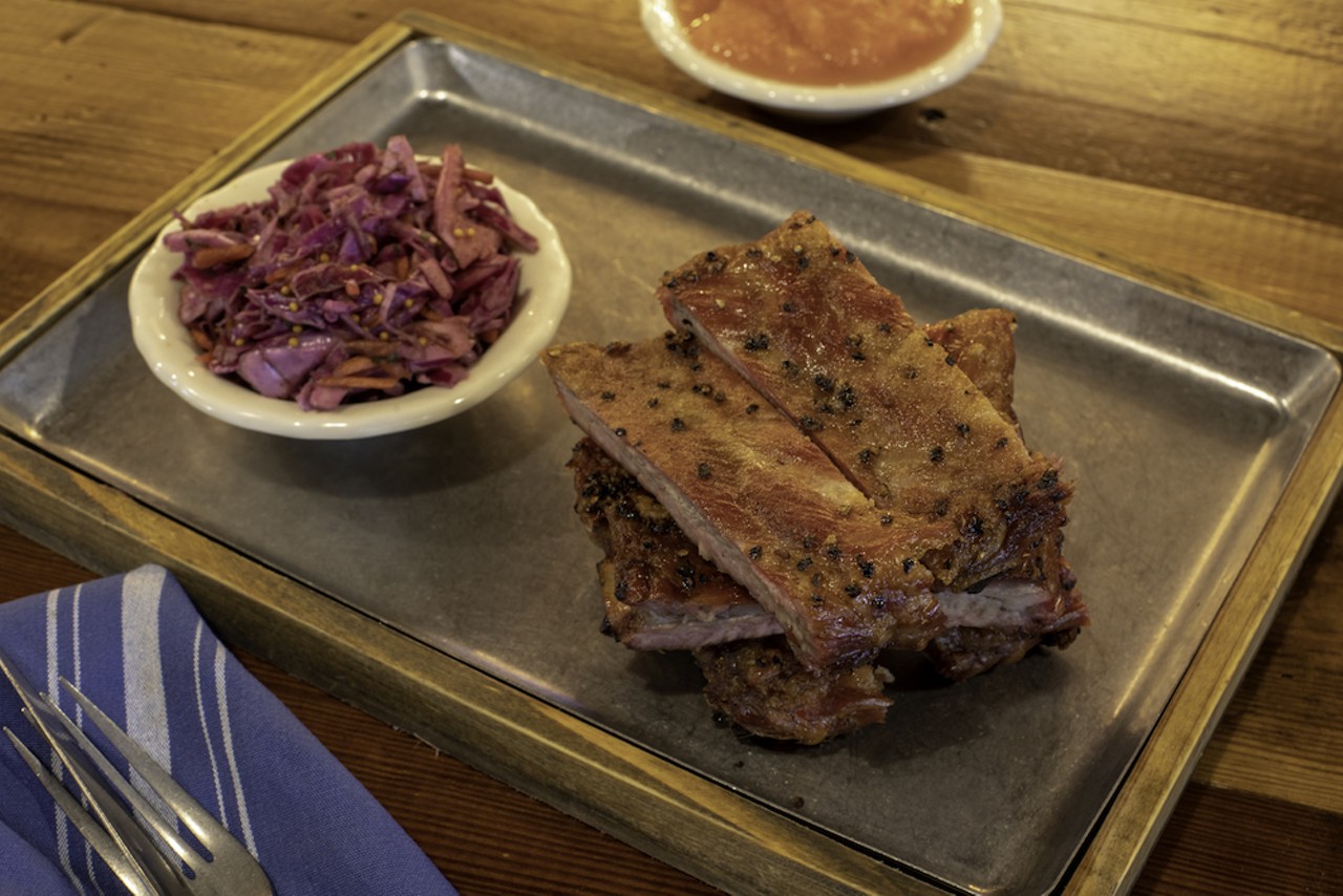 The half rack of St. Louis ribs with purple slaw and Atomic Fireball Applesauce.