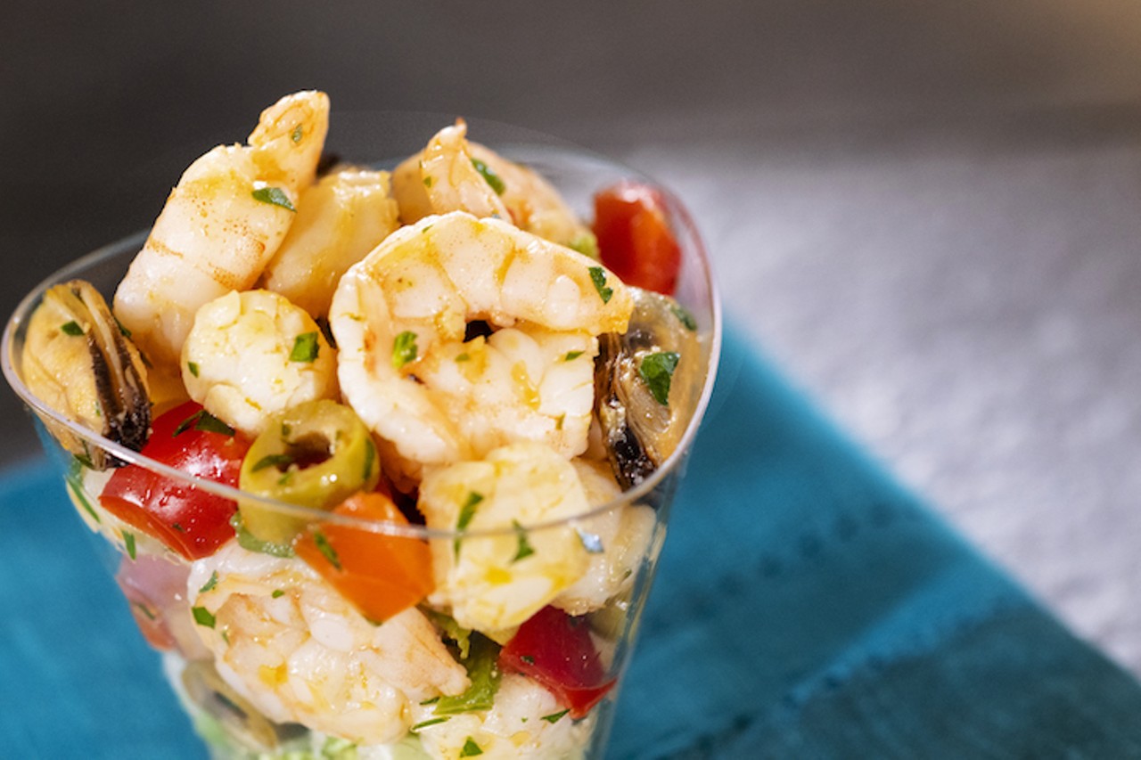 Spain offers a seafood salad with less lettuce and more protein. Shrimp, bay scallops and mussels mingle with EVOO, white balsamic vinegar and smoked paprika.