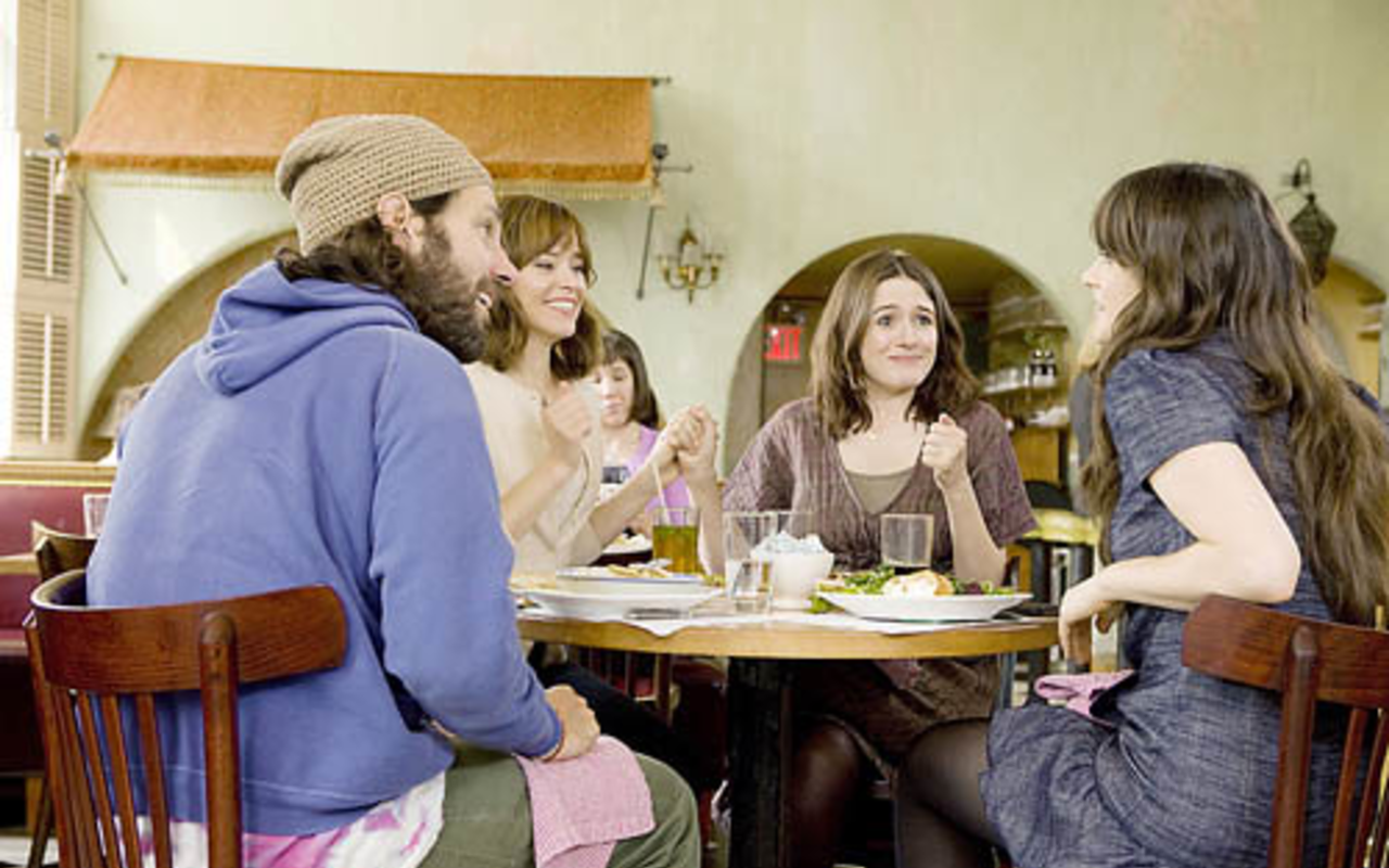 WE ARE FAMILY: (from left) Paul Rudd, Elizabeth Banks, Emily Mortimer and Zooey Deschanel share some table time.