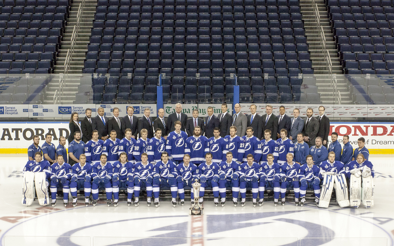 2014-15 Lightning team photo with the Prince of Wales Trophy. I didn’t see anyone touch the Prince of Wales Trophy. Stammer agreed, jokingly saying, “No, but if we get in this spot next year, I will.”