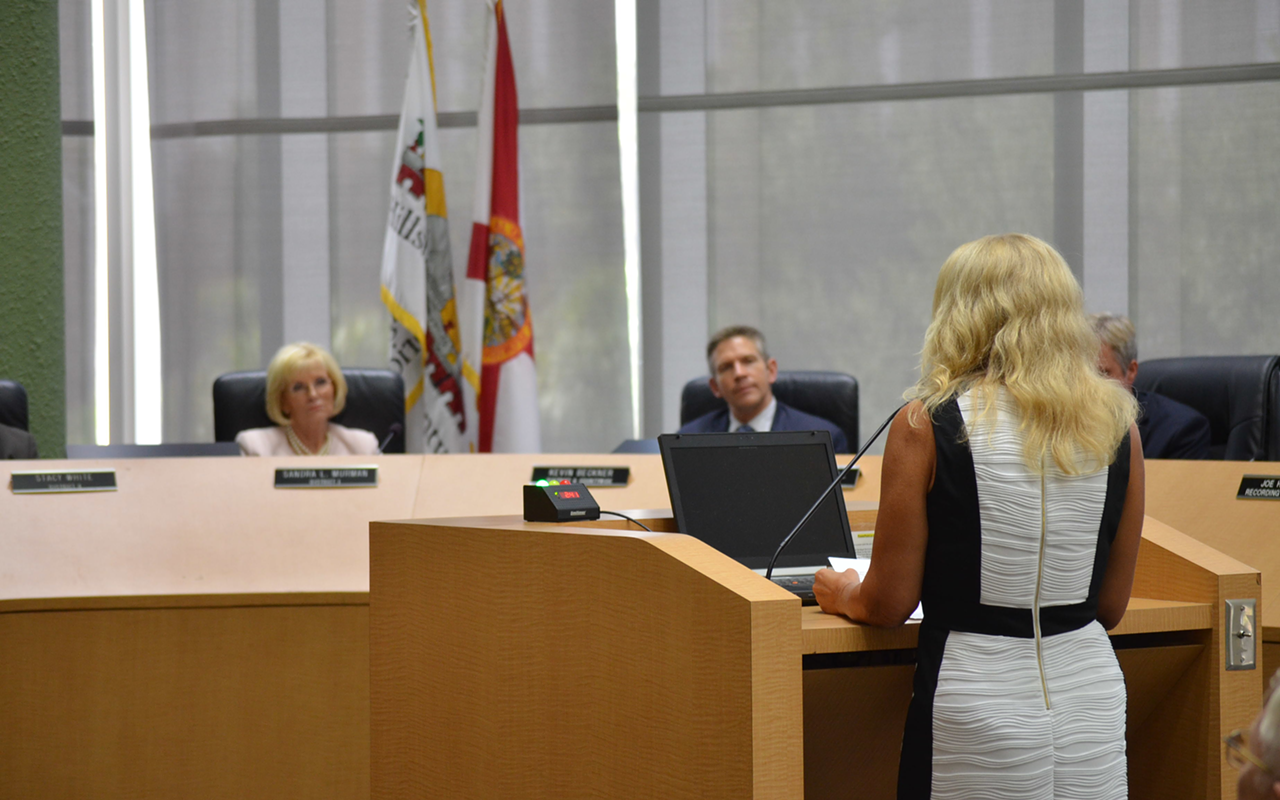 Tea Party Activist Sharon Calvert speaks to Hillsborough County Commissioners about her concerns with how much funding is being dedicated to transportation in the recently approved budget.