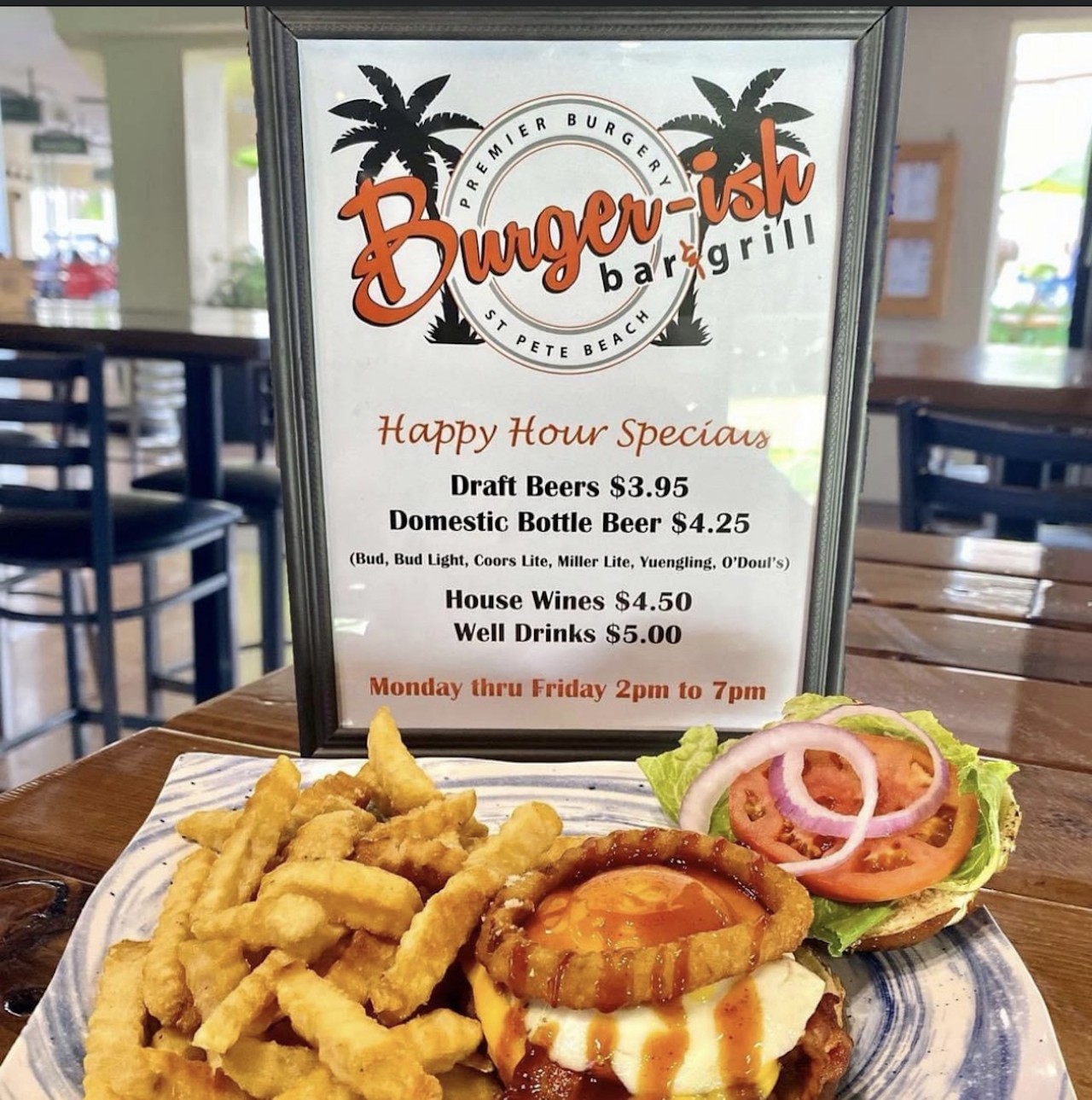 
Burgerish
4755 Gulf Blvd., St Pete Beach
St. Pete Special: 1 pound burger, bacon, American cheese, fried egg, fried onion, ring, housemaid, smoky bourbon sauce, lettuce, tomato and onion on a brioche butter with crispy fries. ($10
Photo courtesy of Burgerish
