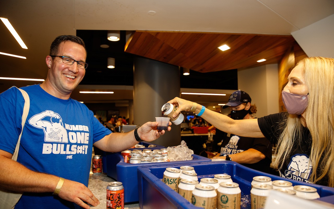 Tampa Bay Lightning fans sample local craft beer during BrewFest on September 17, 2021 at Amalie Arena in Tampa, Florida.
