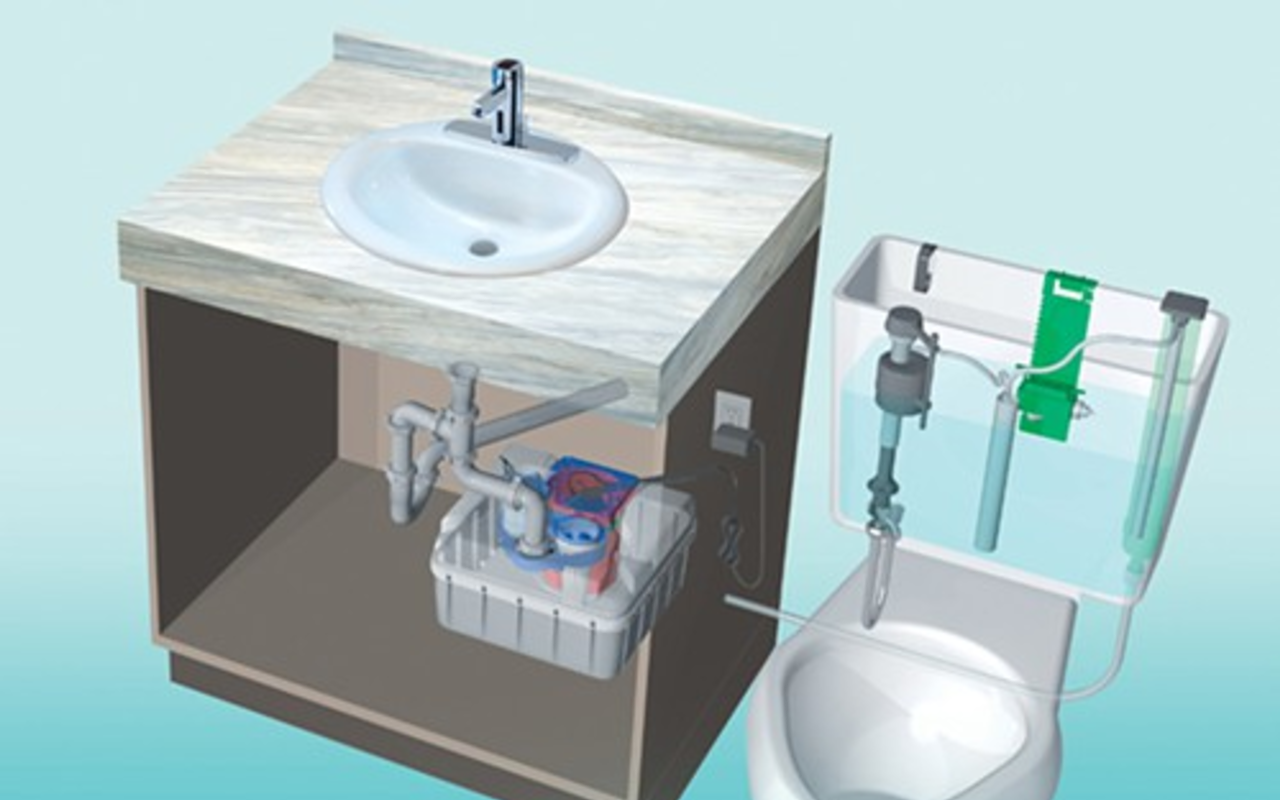 AQUS system recycles sink water for use in toilet bowl