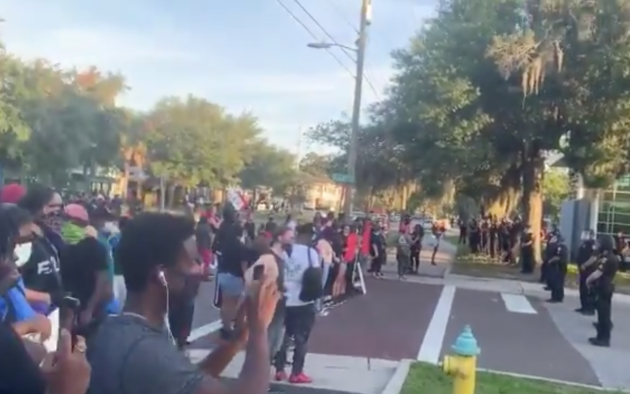 Protestors and Tampa Police officers outside District 3 station in College Hills on May 31, 2020.