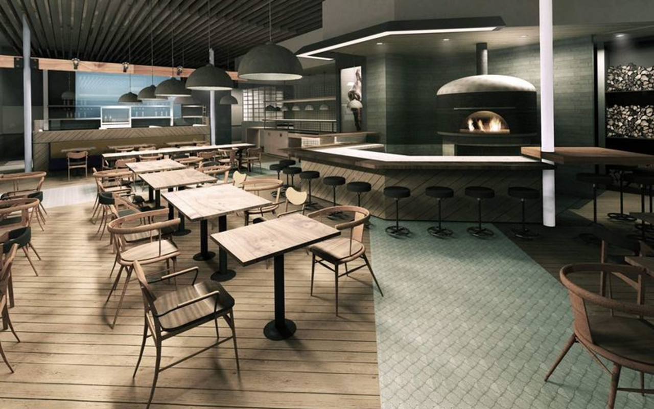 A rendering of SoHo's Ava, with its Acunto Napoli oven behind the bar.