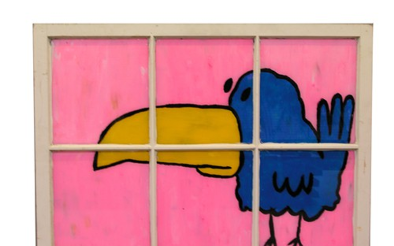 PUT A BIRD ON IT: One of the window paintings by Cory Robinson featured at Workspace tonight.