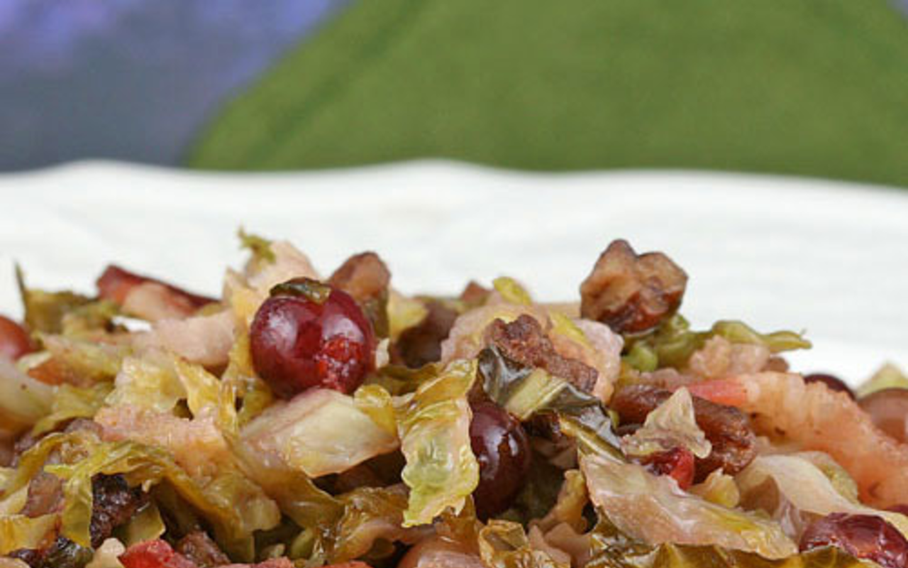 Brussels Sprouts Saute with Bacon, Pecans and Red Grapes