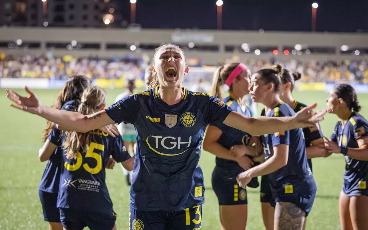 Tampa Bay Sun FC forward Cecilie Fl&oslash;e after her go-ahead, game-winning goal against Fort Lauderdale United FC at Blake High School in Tampa, Florida on June 14, 2025.