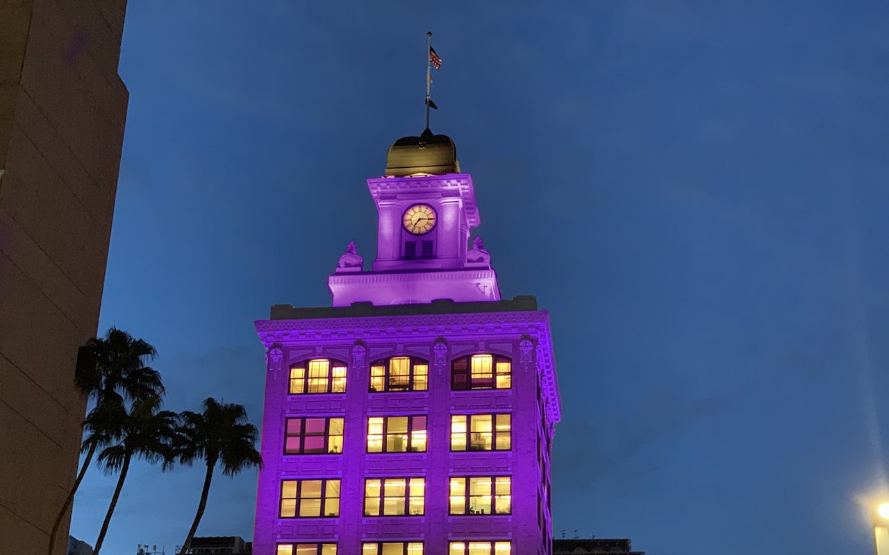 Tampa City Hall lit purple on July 26, 2023 to commemorate the anniversary of the Americans with Disabilities Act.