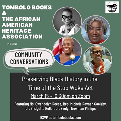 Tombolo Books Presents: Community Conversation with the African American Heritage Association, Wednesday, March 15, 6:30 - 7:30 p.m.
