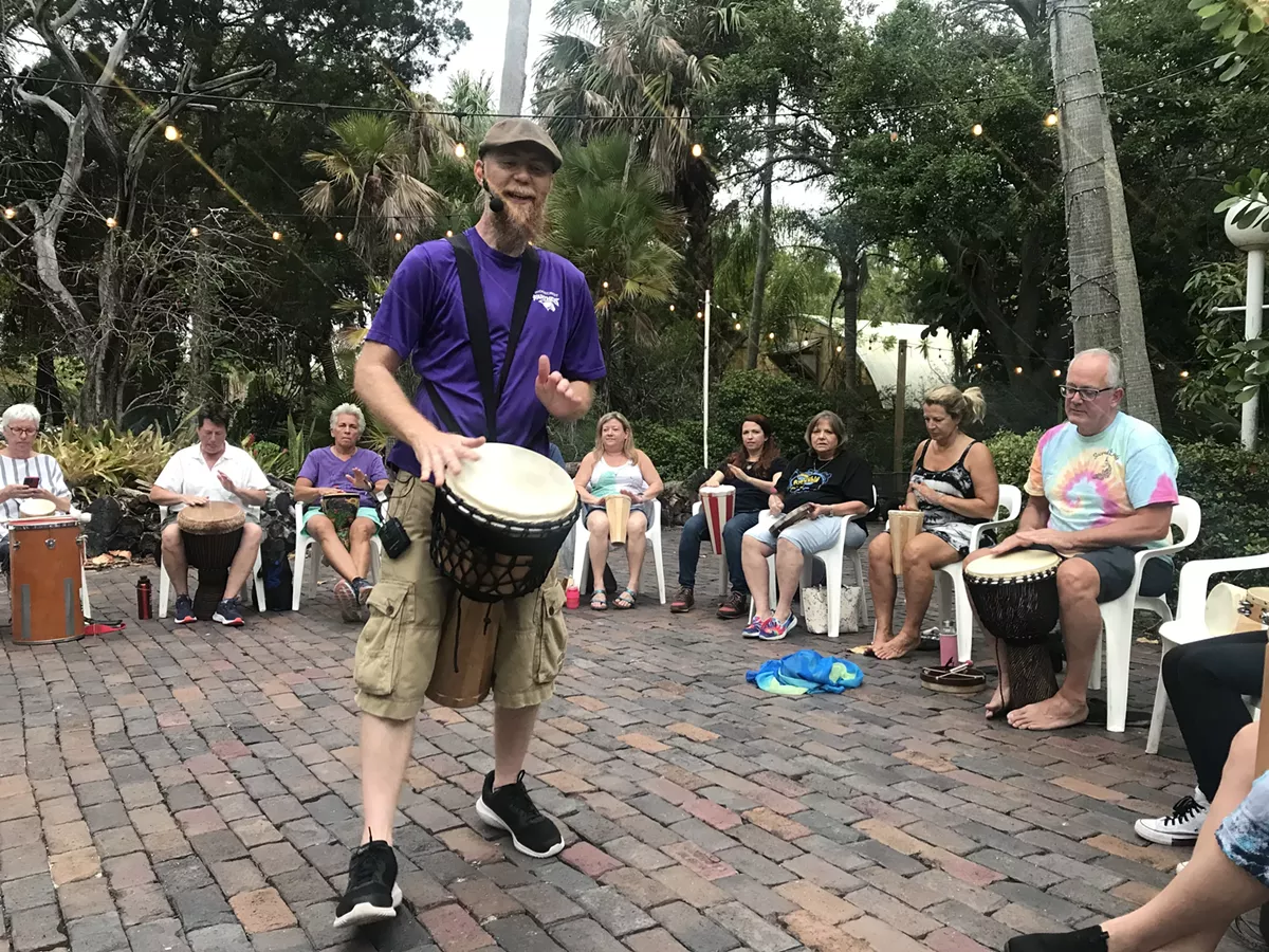 Johannes "Ice" Quilitz leads the Community Drum Circle at Sacred Lands.