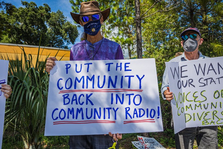 Demonstrators gathered outside WMNF Tampa to protest Lorei firing and recent programming changes
