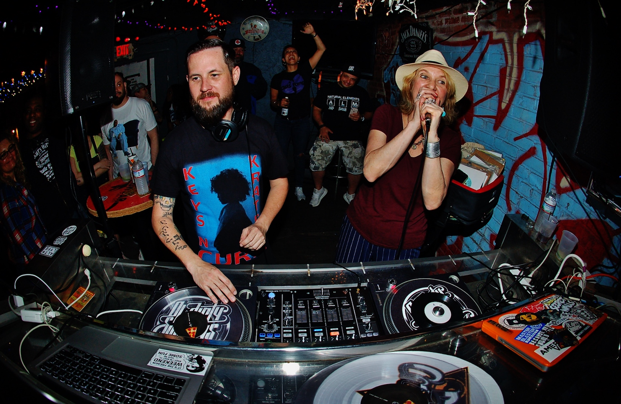 DJ Casper (L) and DJ Misbehaviour play Ol' Dirty Sundays at Crowbar in Ybor City, Florida on March 18, 2018.