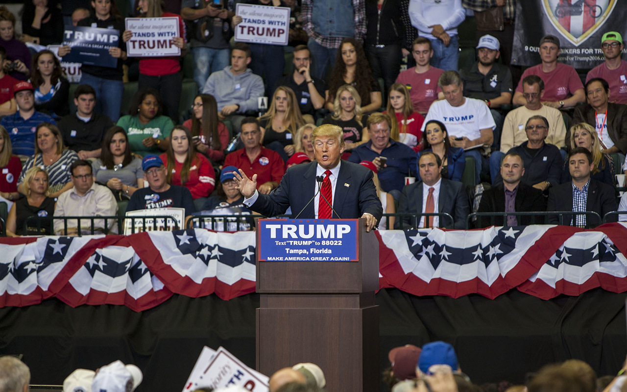 Republican presidential front-runner Donald Trump addressed more than 10,400 supporters inside the University of South Florida Sundome. TPD estimates at least 2,000 were turned away.