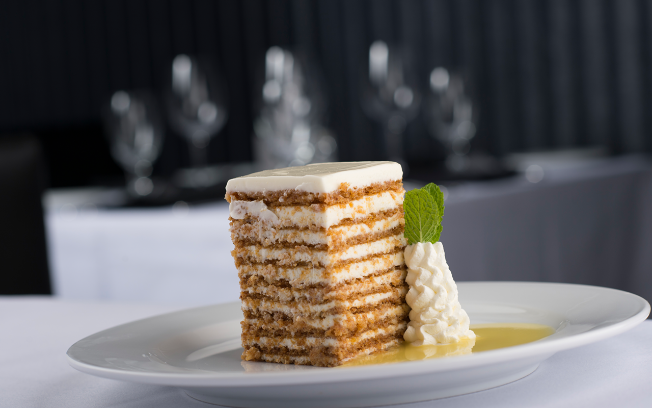 Ocean Prime's 10-layer carrot cake with cream cheese icing and pineapple syrup.