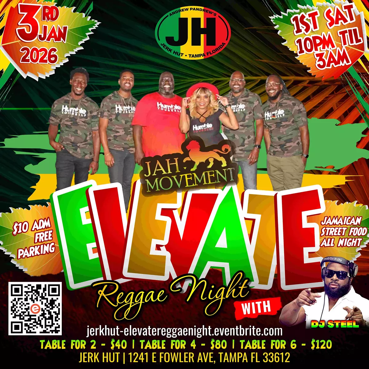 Kick off the New Year the right way with ELEVATE Reggae Night, a high-energy celebration of reggae music, culture, and Caribbean vibes at Jerk Hut Island Grille & Beach Club.  Experience live reggae music by Jah Movement Band, followed by nonstop vibes from DJ Steel, spinning the best in reggae, dancehall, and island classics all night long.