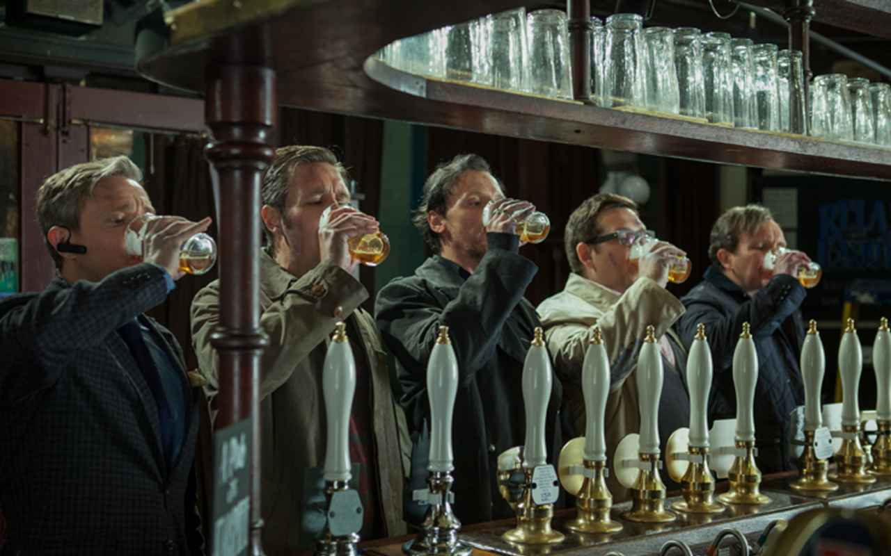 BOTTOMS UP: (l to r) Martin Freeman, Paddy Considine, Simon Pegg, Nick Frost, and Eddie Marsan have a pint and wait for it to all blow over.