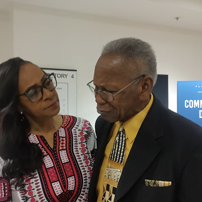 Democratic State Senator Rosalind Osgood comforts Cecil Gardner after his testimony about the abuse he received at the Dozier School for Boys on Feb. 27, 2024.