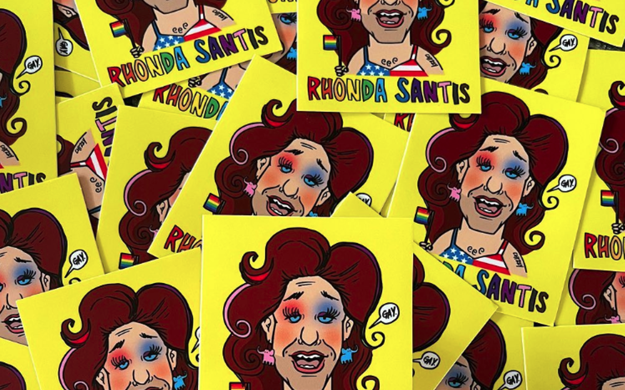 Stickers depicting Gov. Ron Desantis as drag queen “Rhonda Santis," by Chad Mize, local multimedia artist and designer.