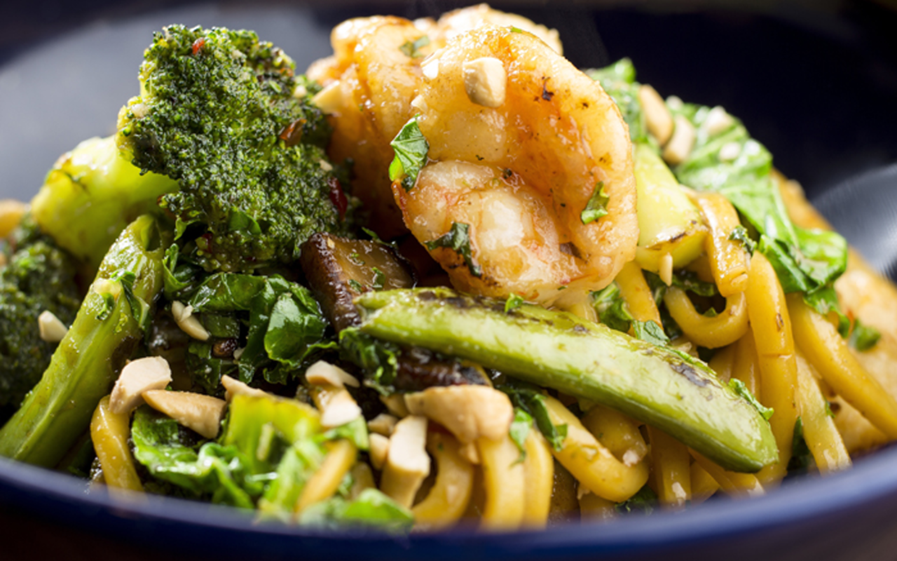 A build-your-own Wok Out Bowl with shrimp from Doc B's Fresh Kitchen.