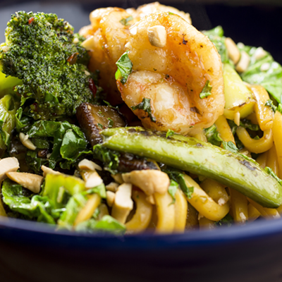 A build-your-own Wok Out Bowl with shrimp from Doc B's Fresh Kitchen.