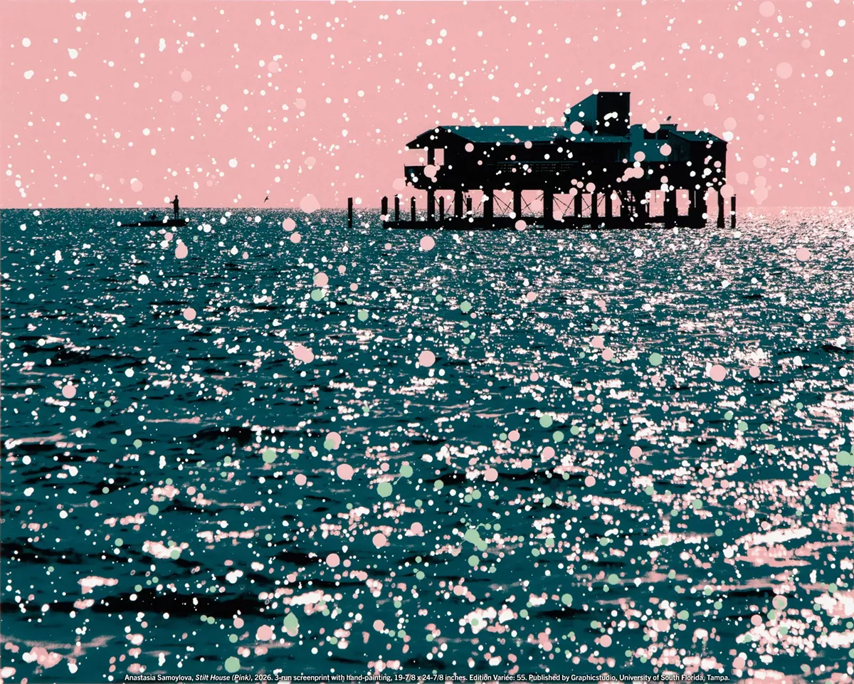 Image: Anastasia Samoylova, Stilt House (Pink), 2026. 3-run screenprint with hand-painting, 19-7/8 x 24-7/8 inches. Edition Vari&eacute;e: 55