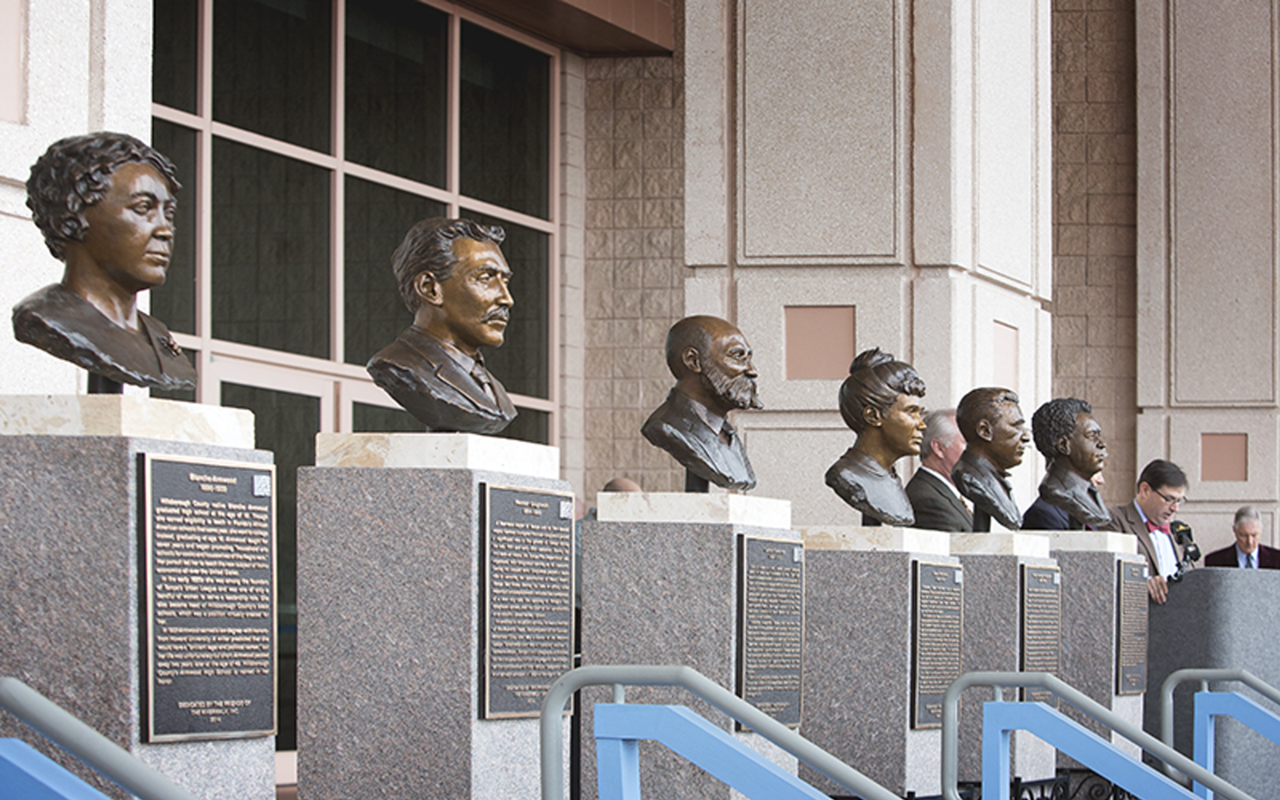 Busts of Blanche Armwood, Herman Glogowski, Gavino Gutierrez, Bena Wolf Maas, Hugh Campbell Macfarlane, and Moses White were unveiled today as the next installment of historical figures for display along Tampa's Riverwalk
