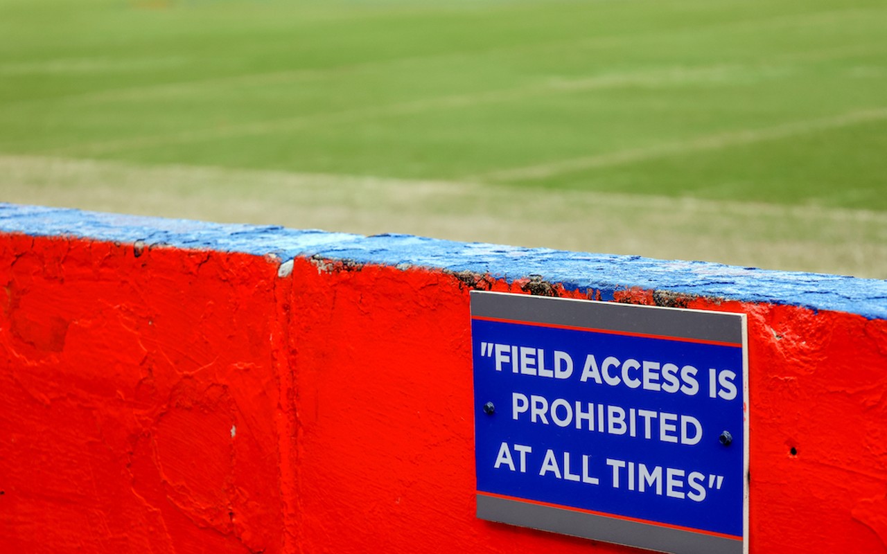 A no trespassing sign is posted along a wall surrounding Steve Spurrier-Florida Field at Ben Hill Griffin Stadium in Gainesville, Fla., Oct. 1, 2023.
