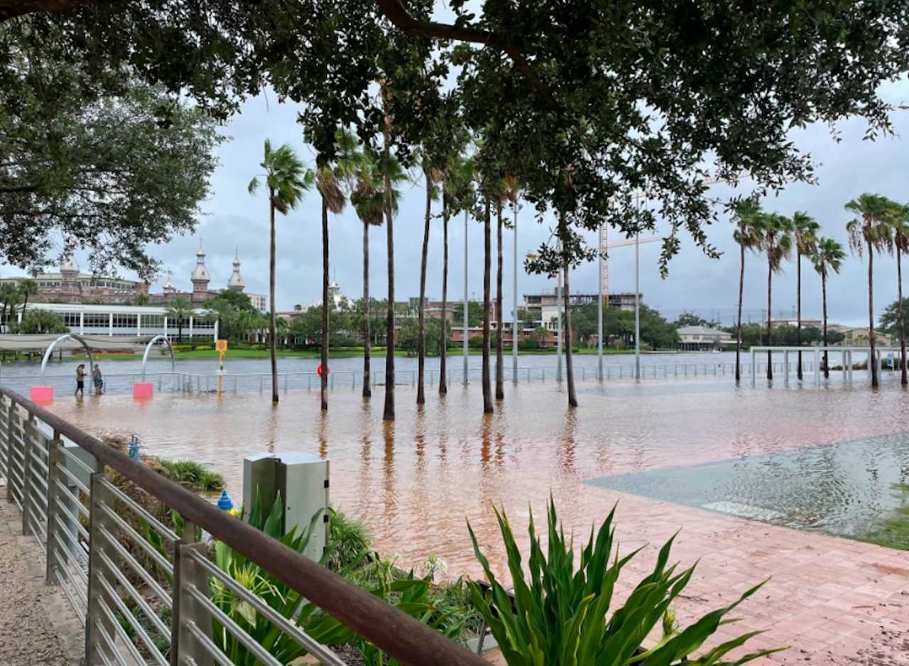 Idalia storm surge brings extensive flooding to downtown Tampa's Riverwalk and Bayshore Boulevard