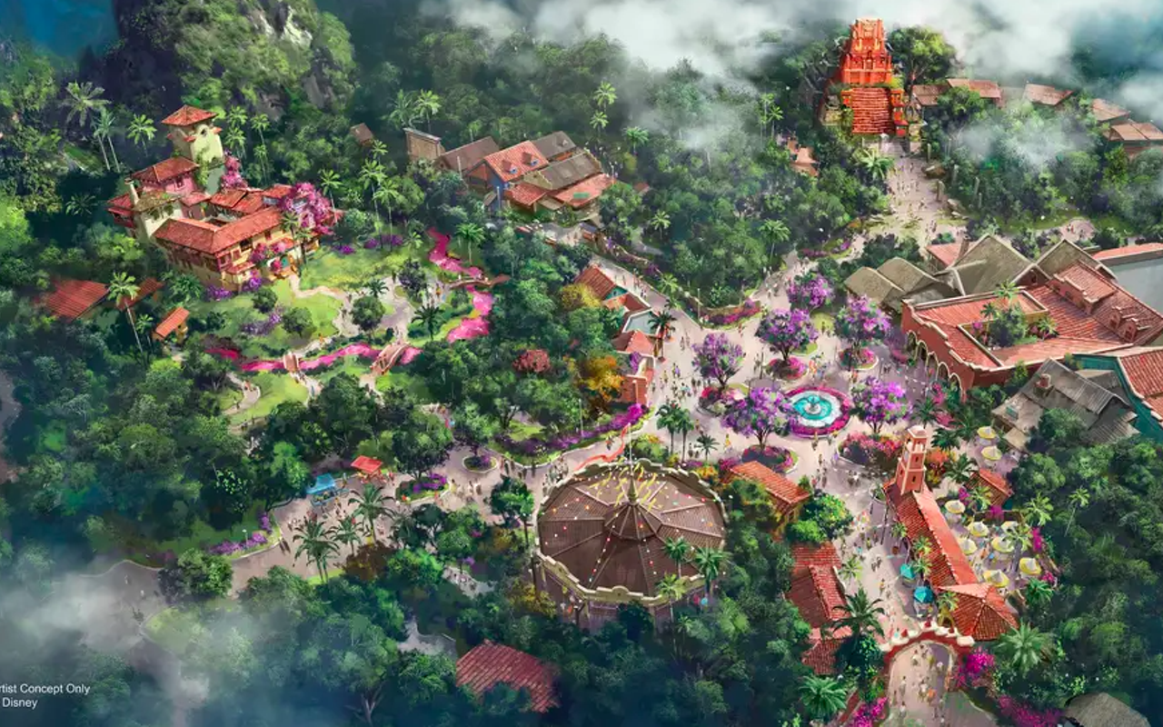 Rendering for possible “Encanto” (upper left) and Indiana Jones (upper right) concepts for Disney’s Animal Kingdom