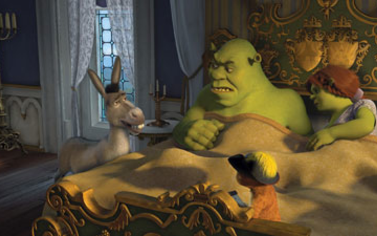 PUSSY AND ASS: Donkey and Puss in Boots interrupt Shrek and Fiona's quiet time in Shrek the Third.