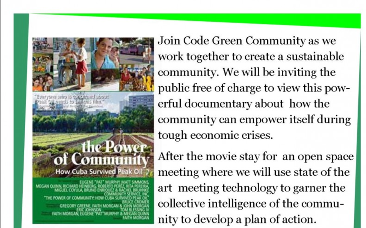 Join Code Green Community for a free screening of The Power of Community: How Cuba Survived Peak Oil - Saturday, January 9th
