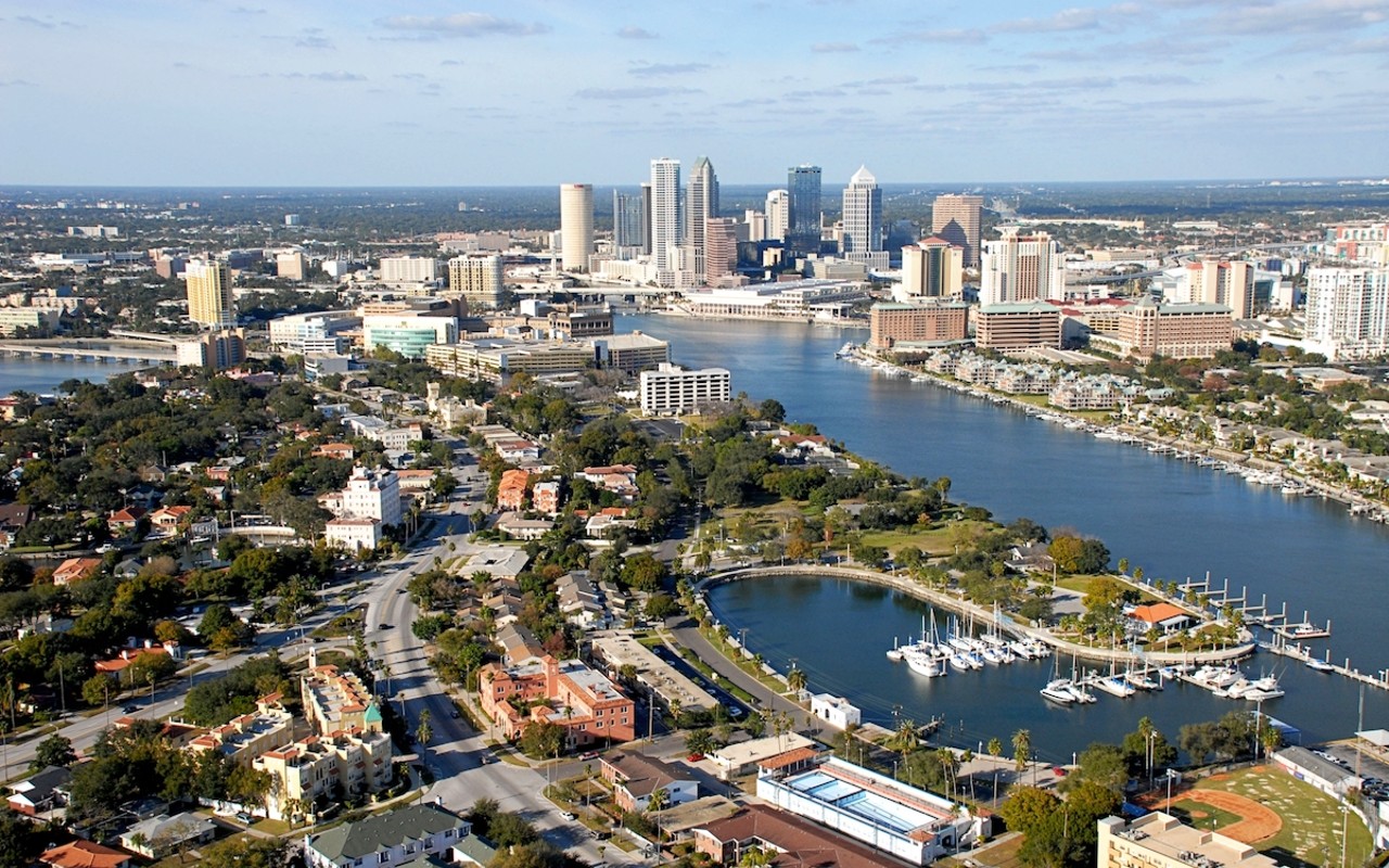 Aerial viewpoint of Davis Islands with Downtown Tampa in the background.