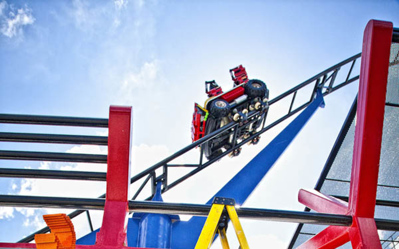 BLOCKHEAD: A stern guardian watches over the riders on Legoland's roller coaster.