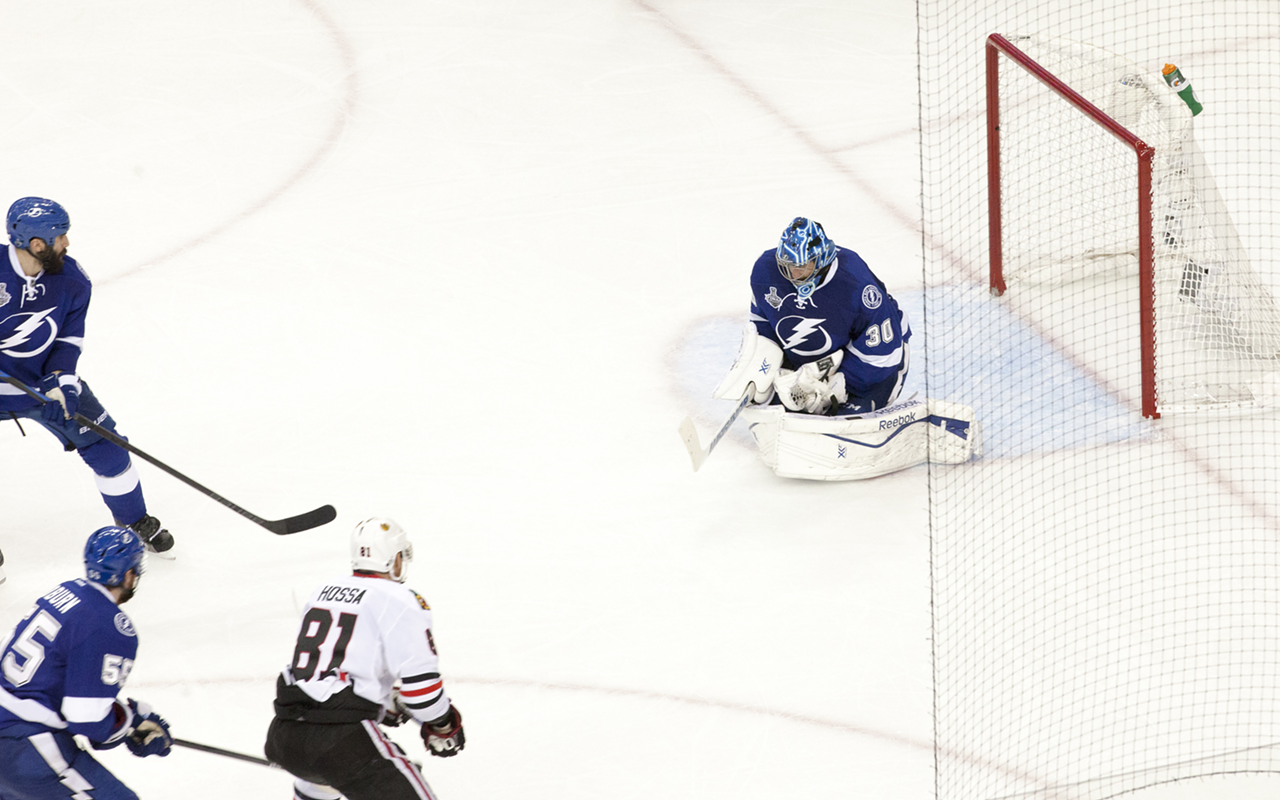 Lightning goalie Ben Bishop stopped 19 shots on goal during Game 1, including this one late in the third.