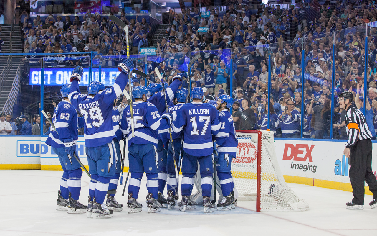 The Lightning celebrate a series win over the Islanders, clinching their second straight Eastern Conference Finals appearance.