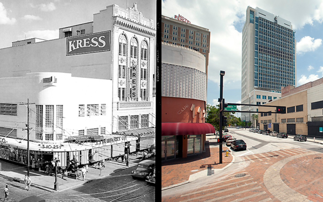 The now-abandoned Kress Block on the 800 block of Franklin (above) was once a busy commercial hub, as in the 1949 photo (left) by Burgert Brothers Photography.