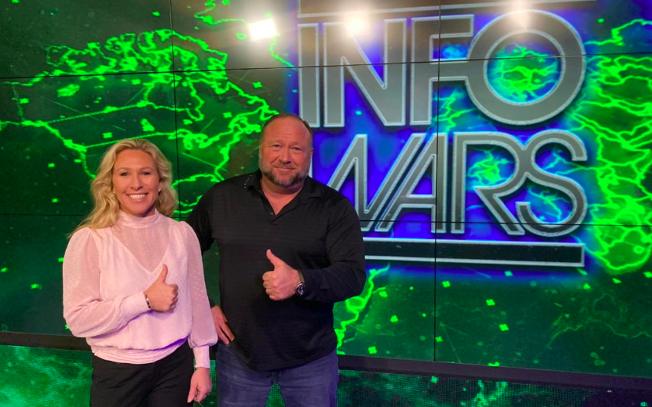 MTG with conspiracy theorist and non-FDA approved dietary supplement purveyor Alex Jones.