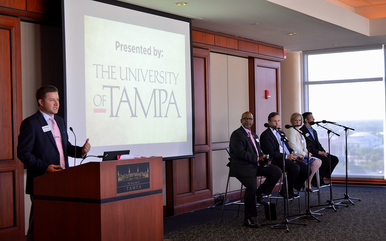 A panel was held at University of Tampa where local officials discussed recent transportation developments  and future plans with young business leaders.
Pictured above (left to right): Brian Seel, chair of Emerge Tampa Bay; Ken Welch, Pinellas County commissioner; Brad Miller, CEO at PSTA; Katharine Eagan, Interim CEO at HART; and, Kevin Beckner, Hillsborough County commissioner.